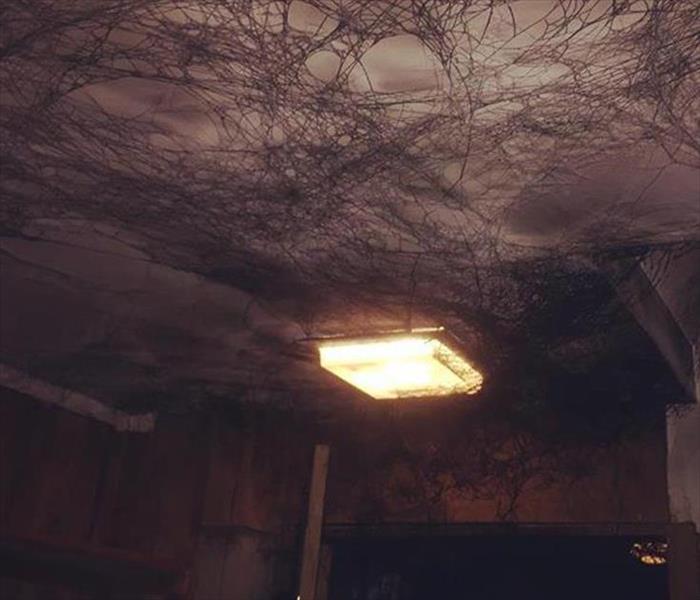 smoke tags, like spider webs, on ceiling and walls, light fixture