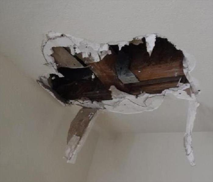 hole in ceiling, hanging material, rater visible